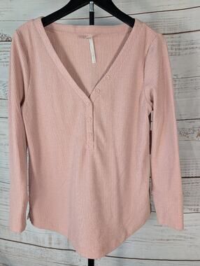 Soma Waffle Knit Top M Dusty Rose Pink Henley Long Sleeve Coquette Loungewear